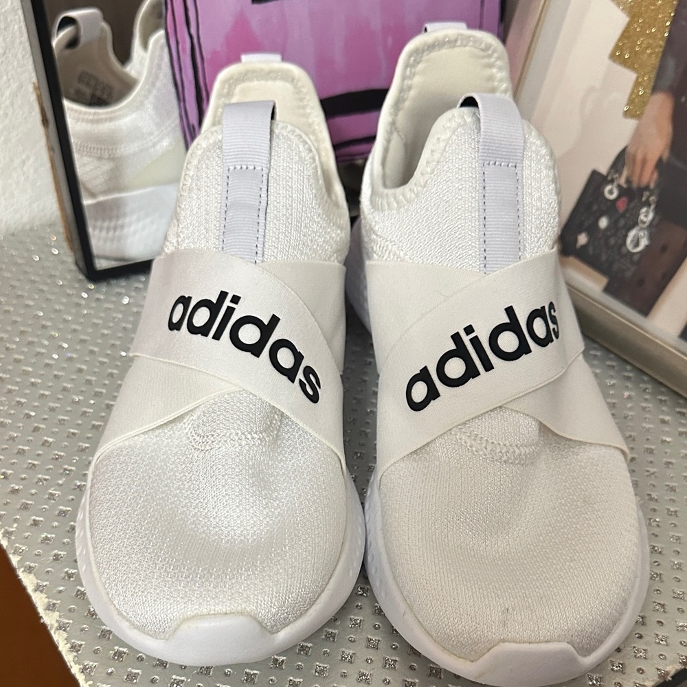 Adidas White Slip-On Shoes with Black Logo EUC